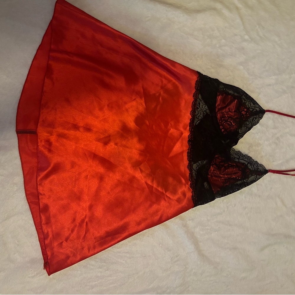Red Satin Chemise with Black Lace Detailing